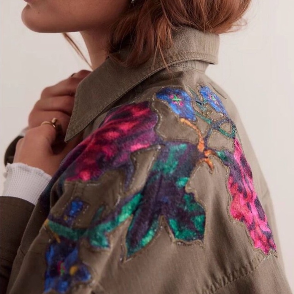 Free People We The Free Velvet Rose Embroidered Utility Jacket Shacket NWT L - Picture 3 of 12